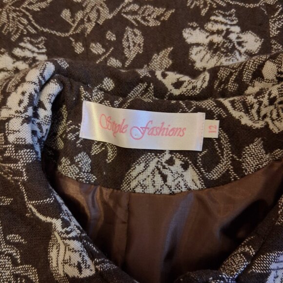 NEW Women’s Elegant Pea Coat Brown White Floral Lined Trench Coat ¾ Sleeve 12 L - Picture 8 of 9